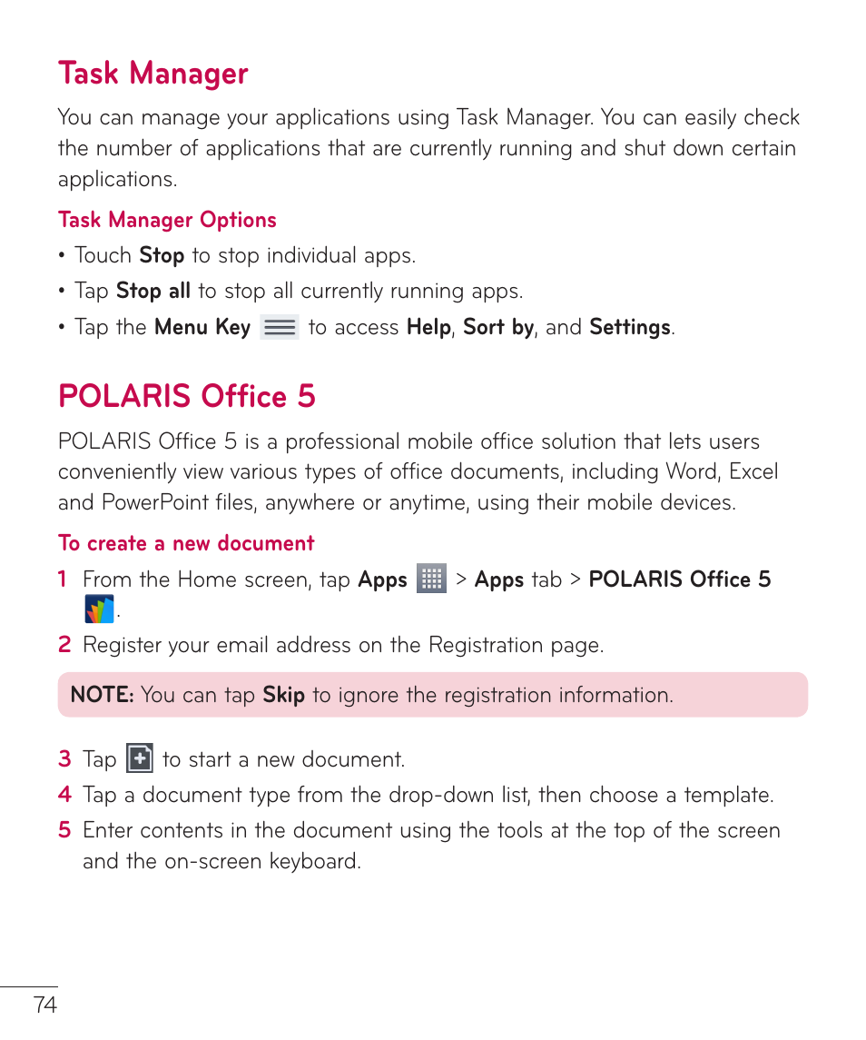 Task manager, Polaris office 5, Task manager polaris office 5 | LG LGV500 User Manual | Page 76 / 138