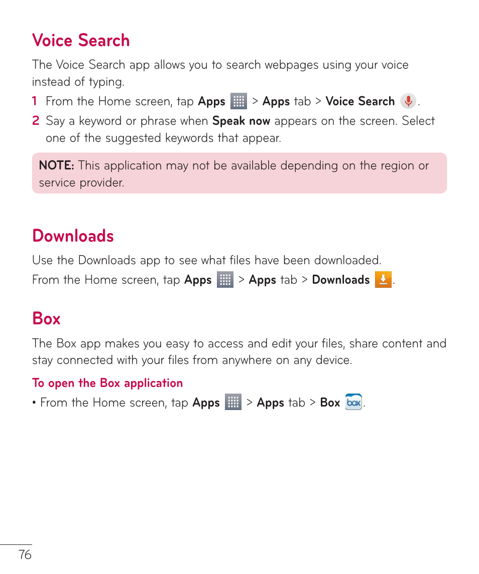 Voice search, Downloads, Voice search downloads box | LG LGV500 User Manual | Page 78 / 138