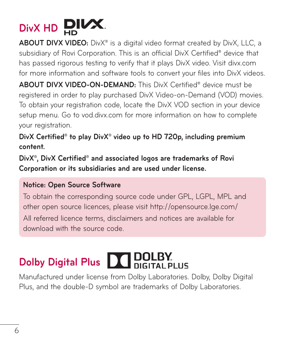 Divx hd, Dolby digital plus, Divx hd dolby digital plus | LG LGV500 User Manual | Page 8 / 138