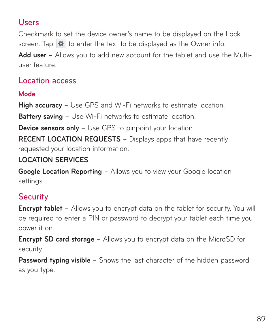 Users, Location access, Security | LG LGV500 User Manual | Page 91 / 138