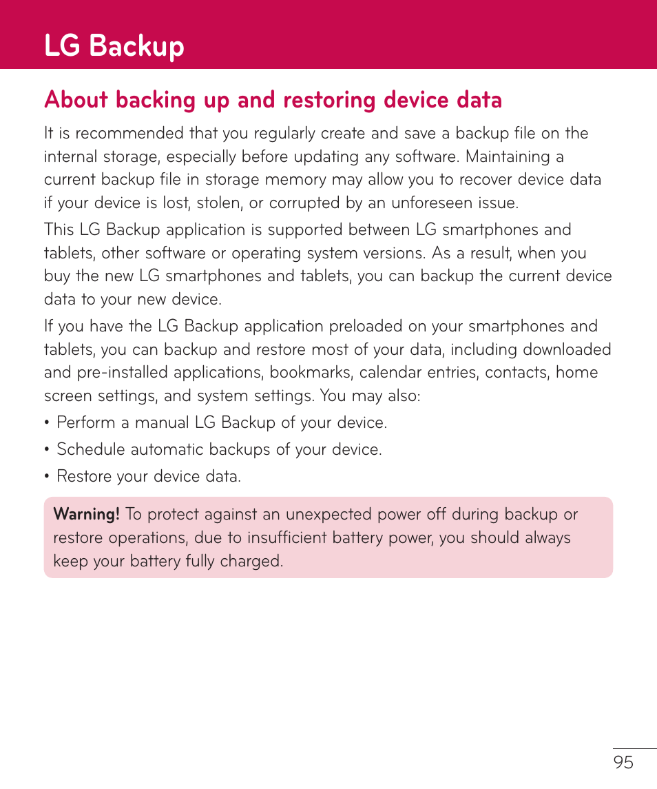 Lg backup, About backing up and restoring device data, About backing up and restoring | Device data | LG LGV500 User Manual | Page 97 / 138