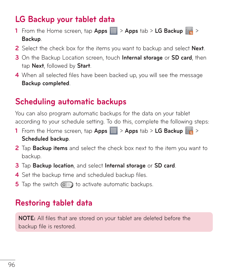 Lg backup your tablet data, Scheduling automatic backups, Restoring tablet data | LG LGV500 User Manual | Page 98 / 138