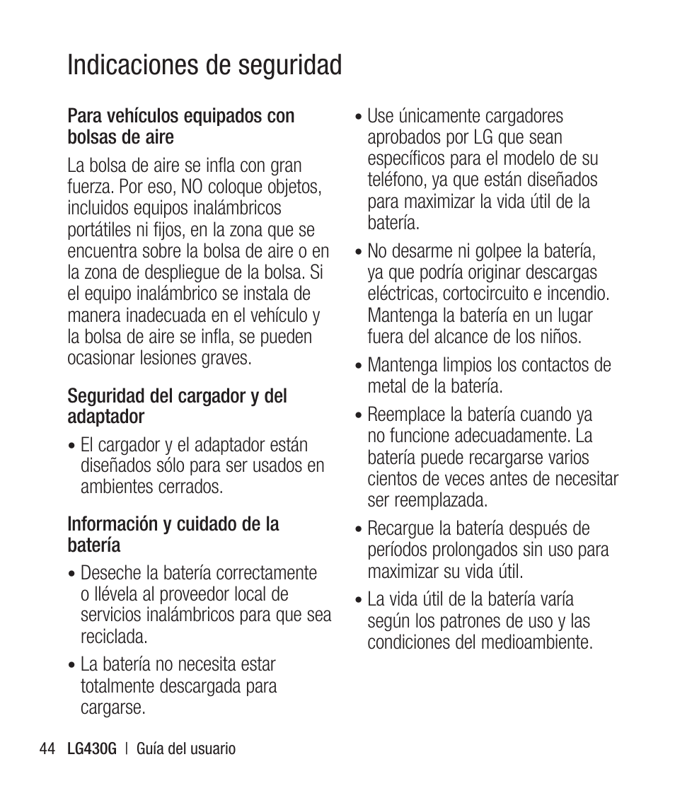 Indicaciones de seguridad | LG LG430G User Manual | Page 103 / 121