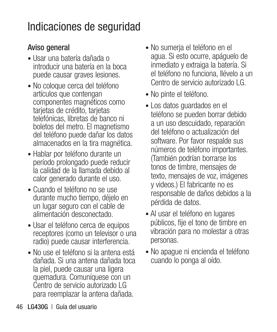 Indicaciones de seguridad | LG LG430G User Manual | Page 105 / 121