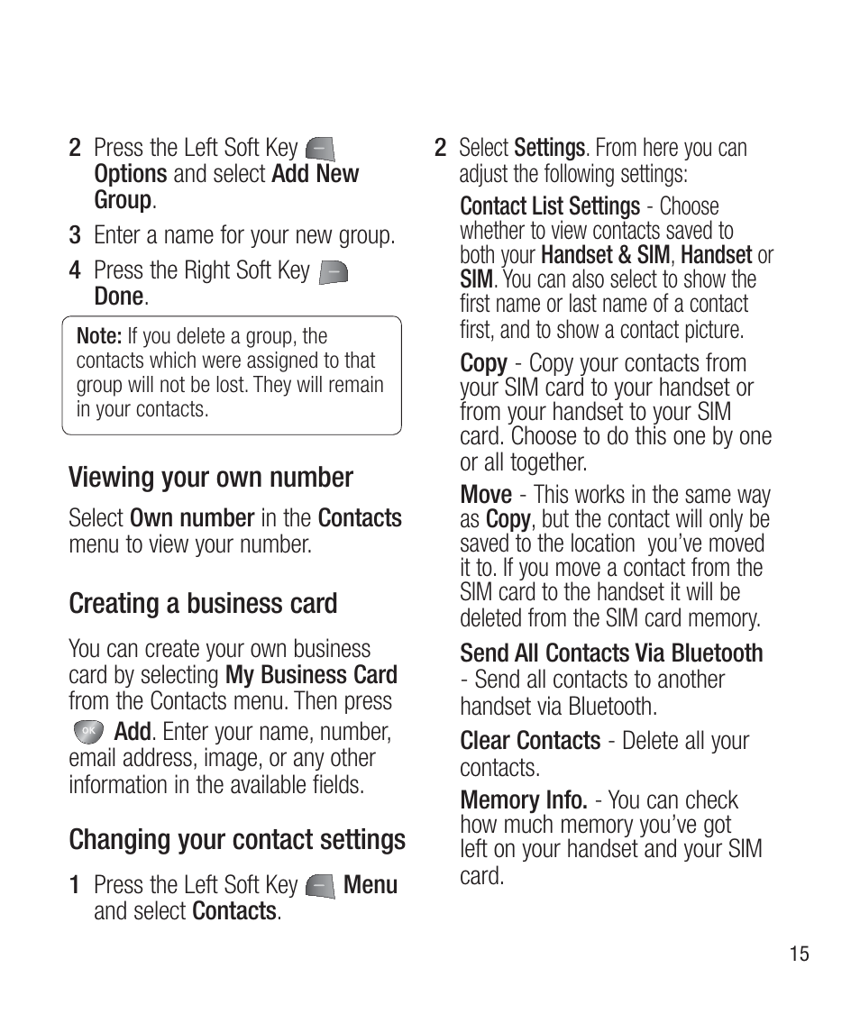 Viewing your own number, Creating a business card, Changing your contact settings | LG LG430G User Manual | Page 17 / 121