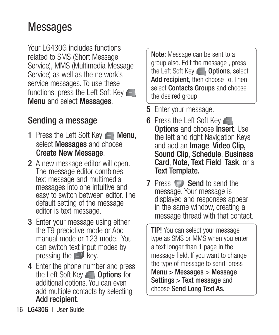 Messages, Sending a message | LG LG430G User Manual | Page 18 / 121