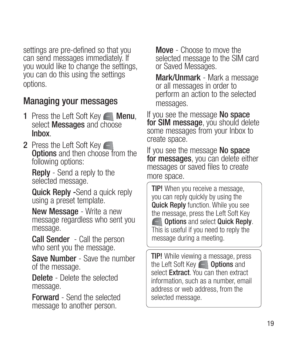 Managing your messages | LG LG430G User Manual | Page 21 / 121
