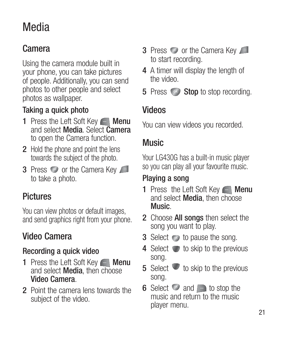 Media, Camera, Pictures | Video camera, Videos, Music | LG LG430G User Manual | Page 23 / 121