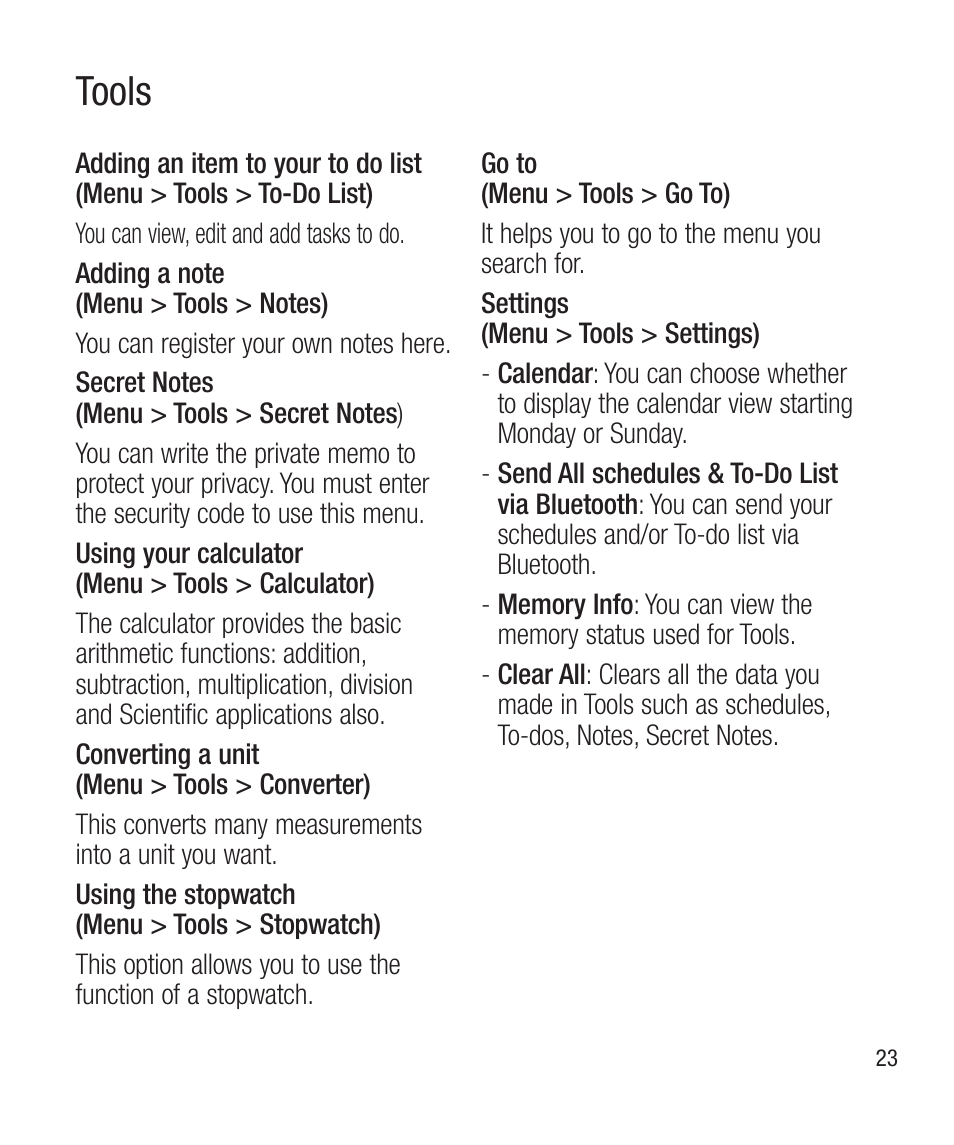 Tools | LG LG430G User Manual | Page 25 / 121