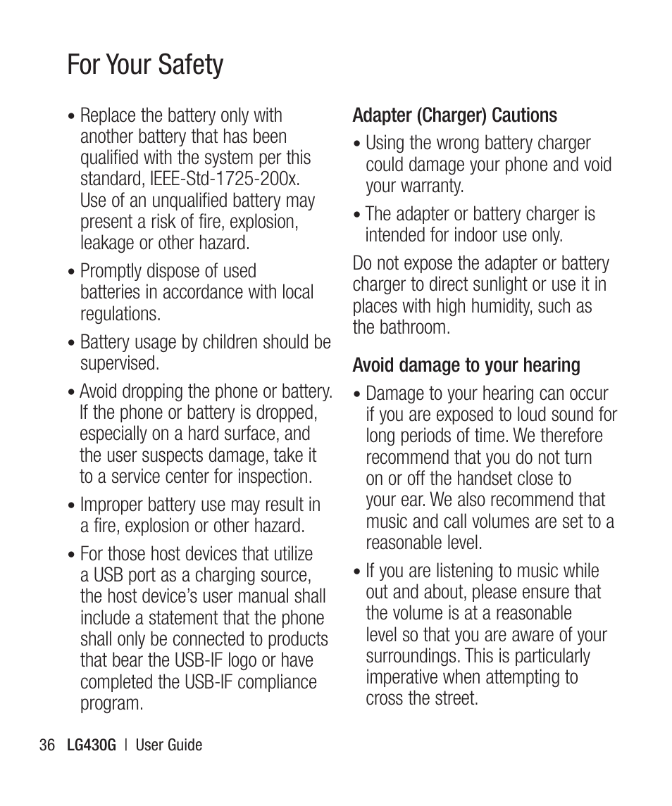 For your safety | LG LG430G User Manual | Page 38 / 121