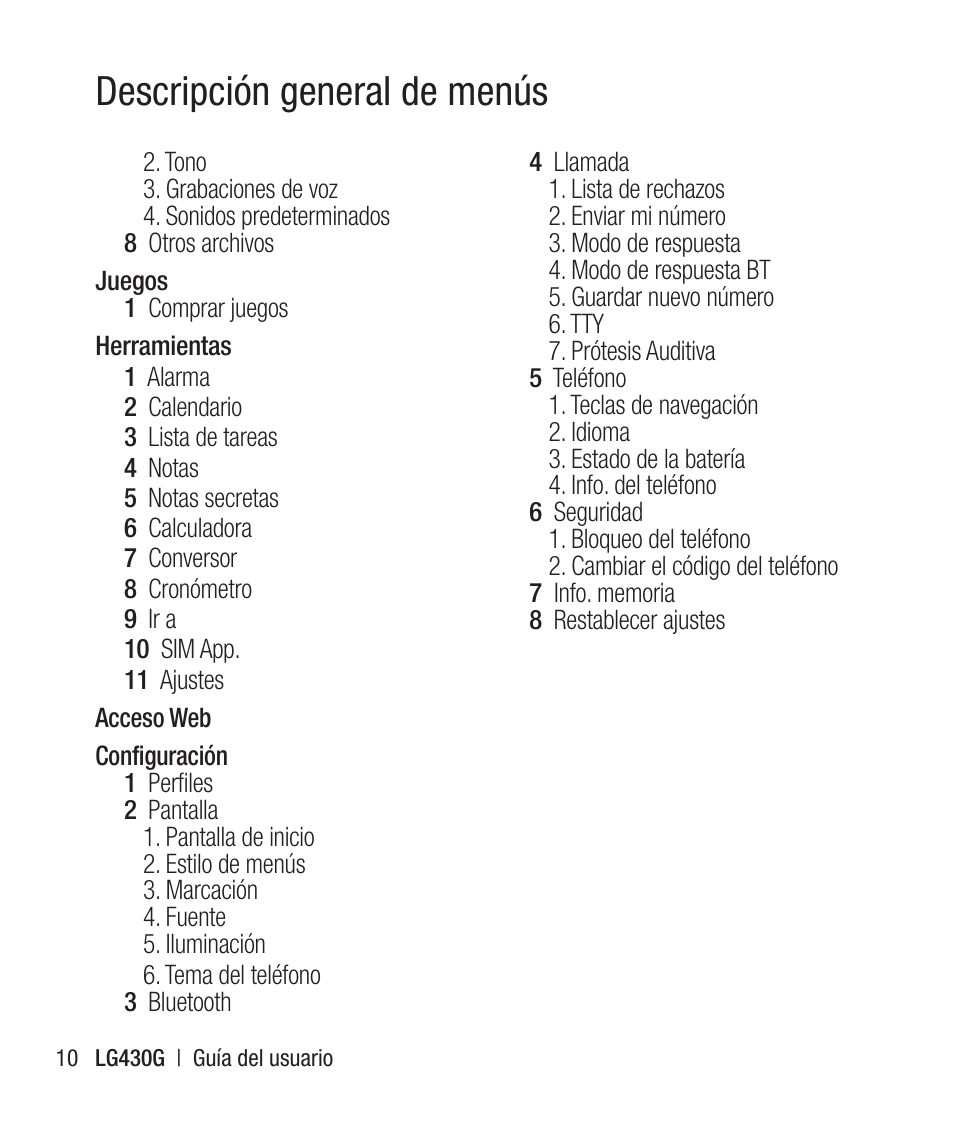 Descripción general de menús | LG LG430G User Manual | Page 69 / 121