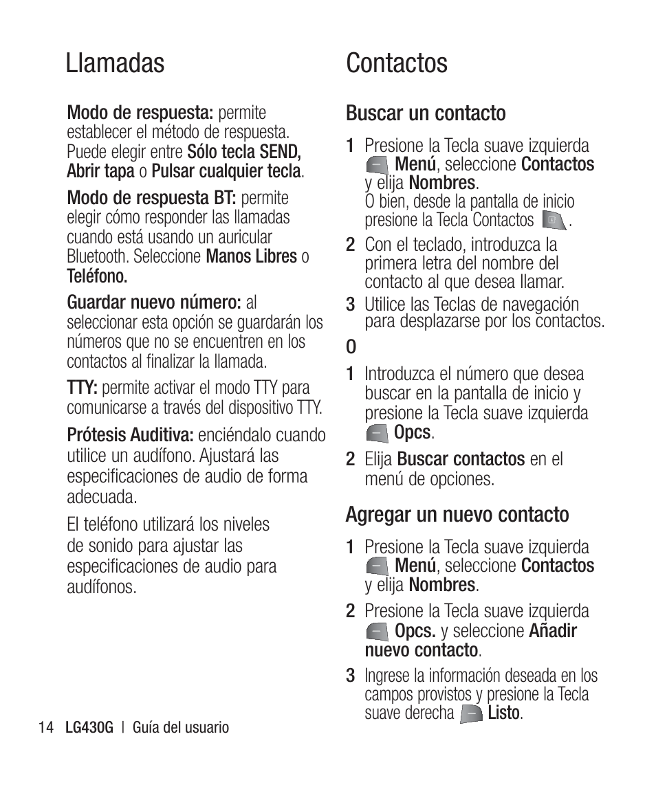 Contactos, Buscar un contacto, Agregar un nuevo contacto | Llamadas contactos | LG LG430G User Manual | Page 73 / 121