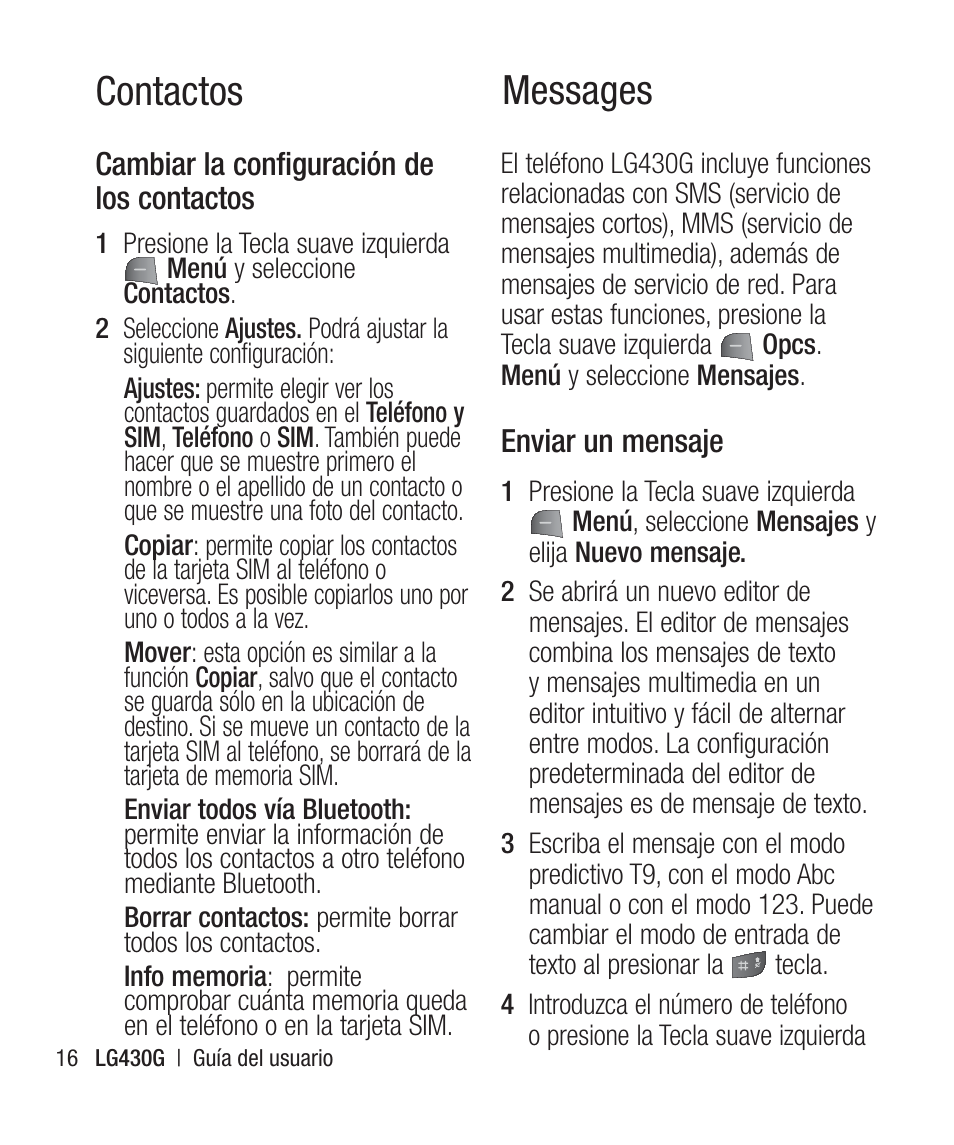 Cambiar la configuración delos contactos, Messages, Enviar un mensaje | Contactos messages | LG LG430G User Manual | Page 75 / 121