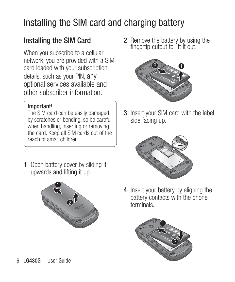 Installing the sim card and charging battery | LG LG430G User Manual | Page 8 / 121