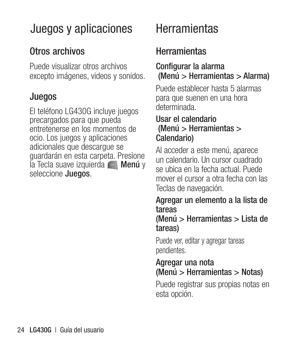 Otros archivos, Juegos, Herramientas | Juegos y aplicaciones herramientas | LG LG430G User Manual | Page 83 / 121