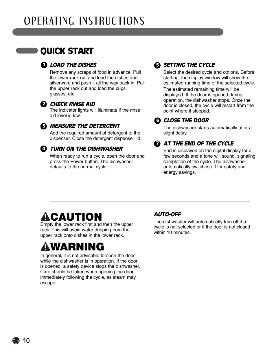 Caution, Warning, Quick start | LG LDF6920BB User Manual | Page 10 / 72