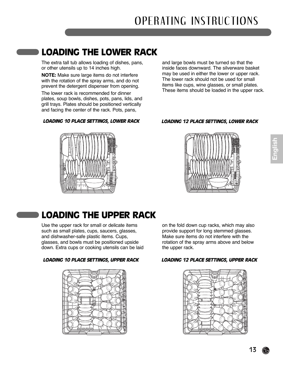 Loading the lower rack, Loading the upper rack | LG LDF6920BB User Manual | Page 13 / 72