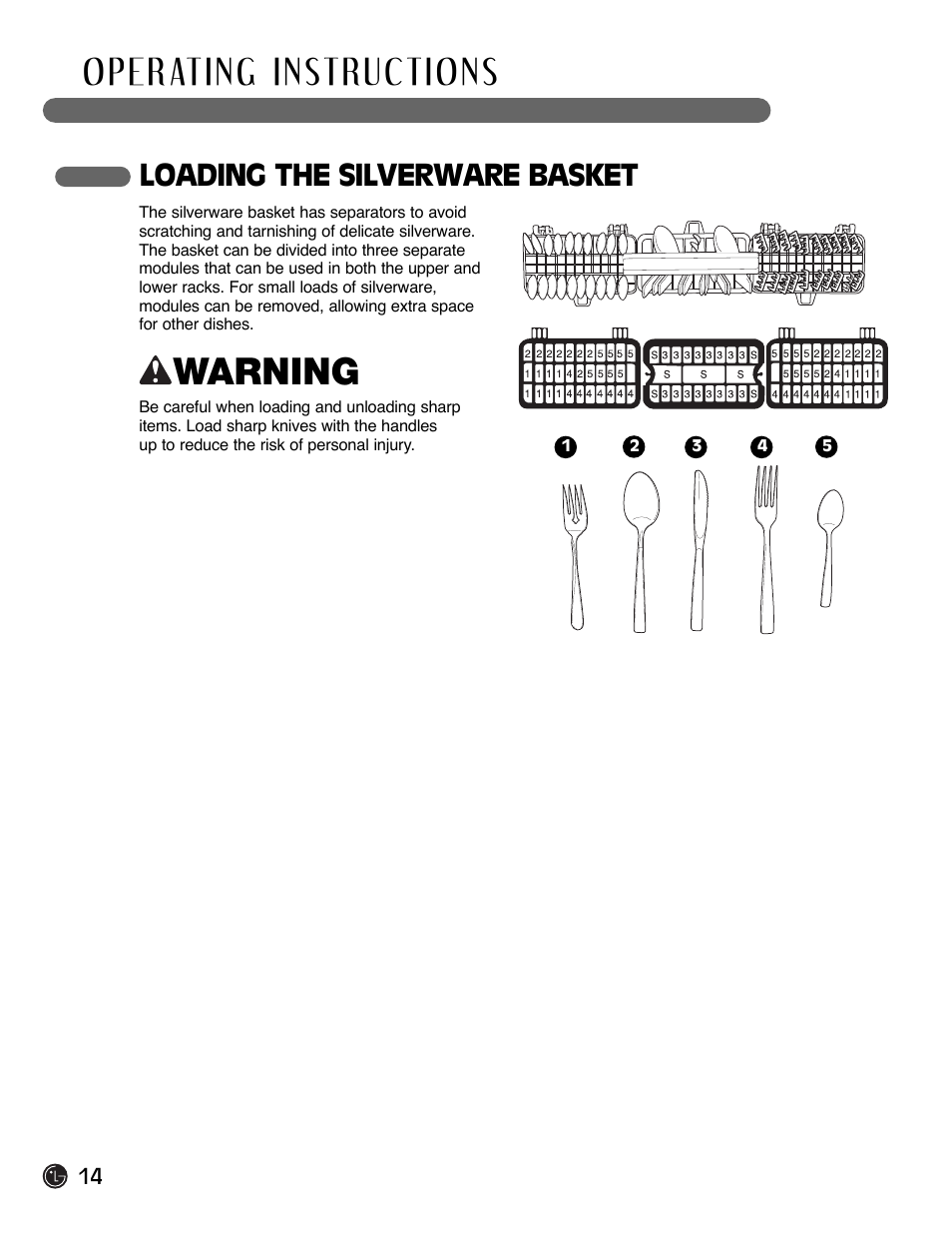 Warning, Loading the silverware basket | LG LDF6920BB User Manual | Page 14 / 72