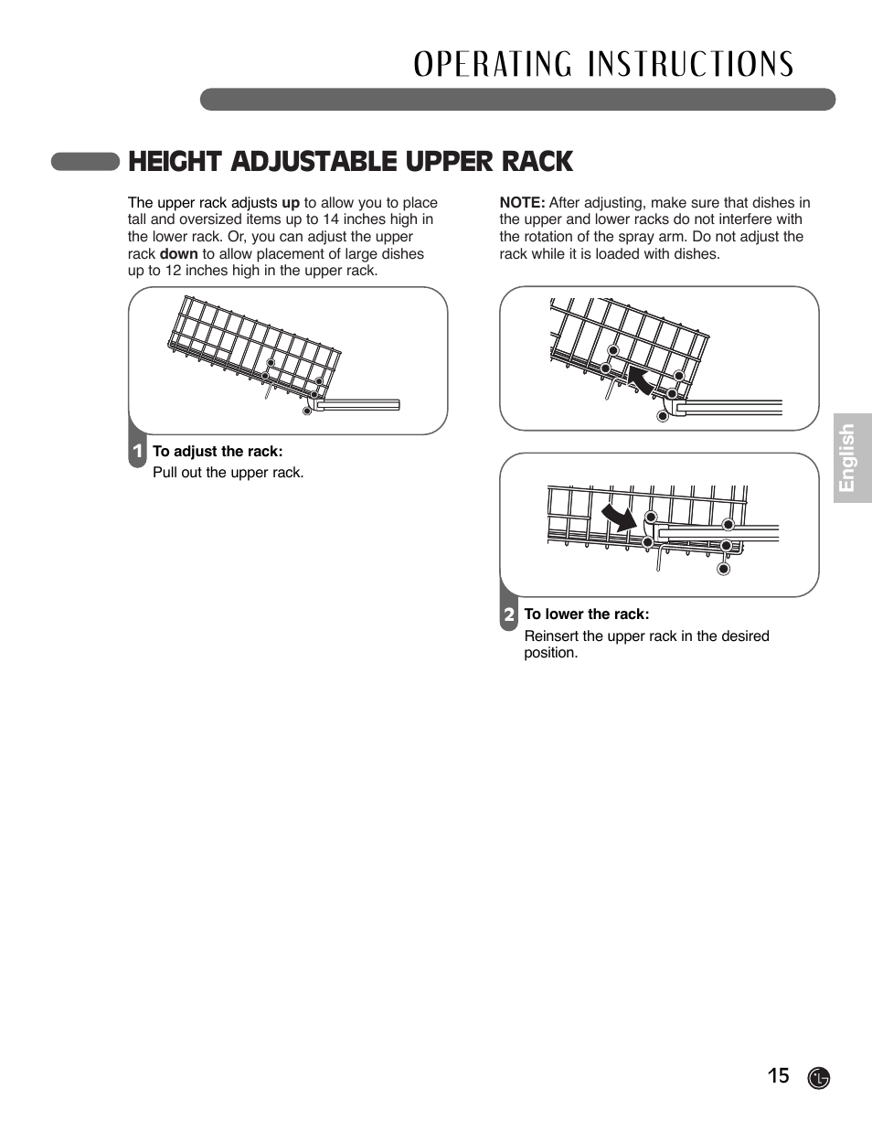 Height adjustable upper rack | LG LDF6920BB User Manual | Page 15 / 72