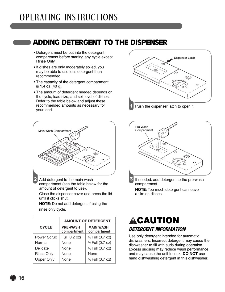 Caution, Adding detergent to the dispenser | LG LDF6920BB User Manual | Page 16 / 72
