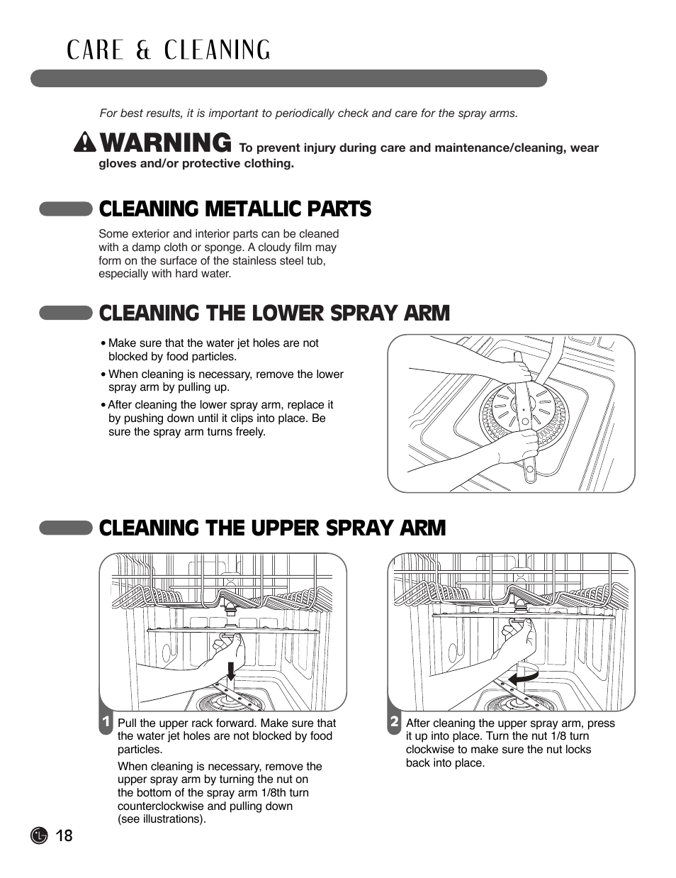 Warning, Cleaning metallic parts, Cleaning the lower spray arm | Cleaning the upper spray arm | LG LDF6920BB User Manual | Page 18 / 72