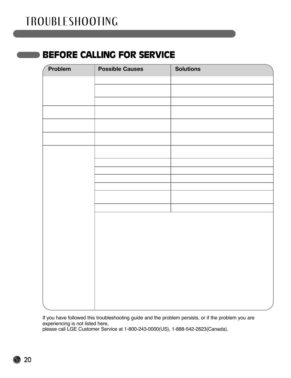 Before calling for service | LG LDF6920BB User Manual | Page 20 / 72