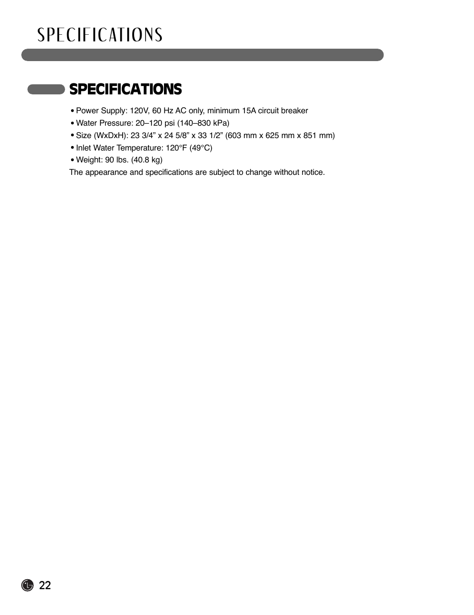 Specifications | LG LDF6920BB User Manual | Page 22 / 72