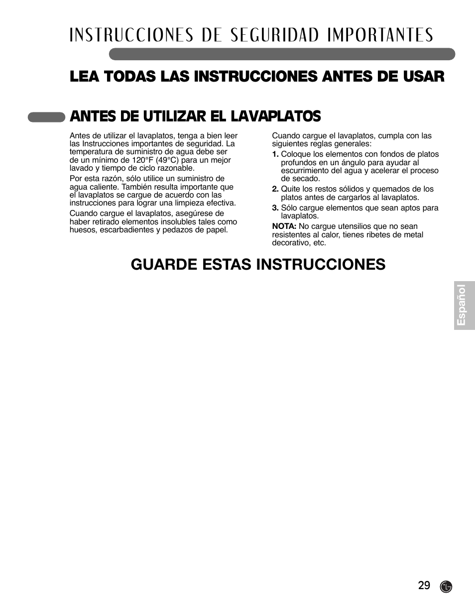 Antes de utilizar el lavaplatos | LG LDF6920BB User Manual | Page 29 / 72