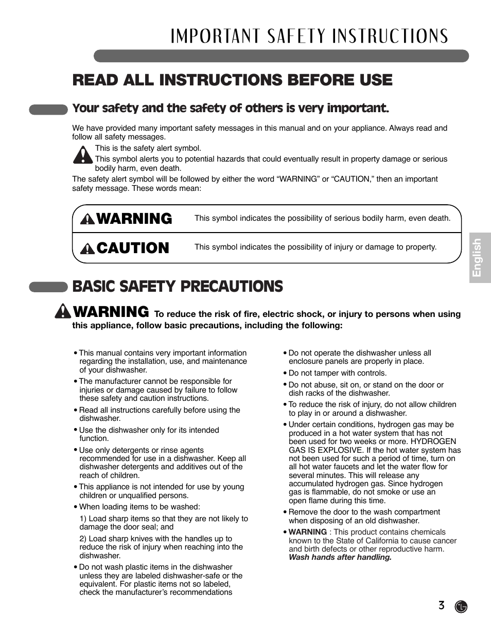 Read all instructions before use, Warning, Basic safety precautions warning | Caution | LG LDF6920BB User Manual | Page 3 / 72