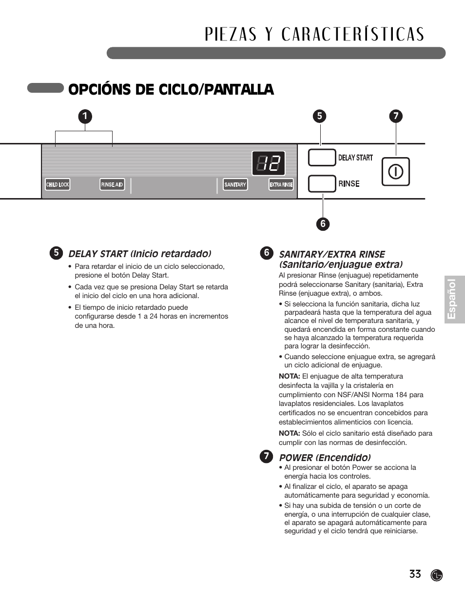 Opcións de ciclo/pantalla, 33 español | LG LDF6920BB User Manual | Page 33 / 72