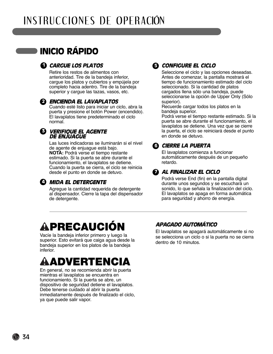 Precaución, Advertencia, Inicio rápido | LG LDF6920BB User Manual | Page 34 / 72