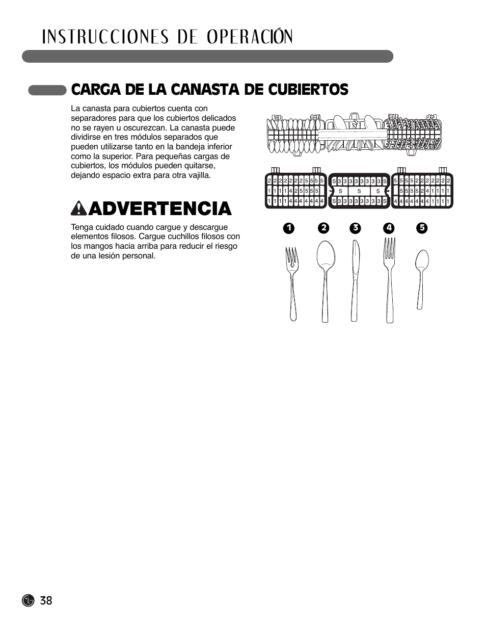 Advertencia, Carga de la canasta de cubiertos | LG LDF6920BB User Manual | Page 38 / 72