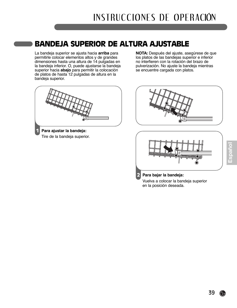 Bandeja superior de altura ajustable | LG LDF6920BB User Manual | Page 39 / 72
