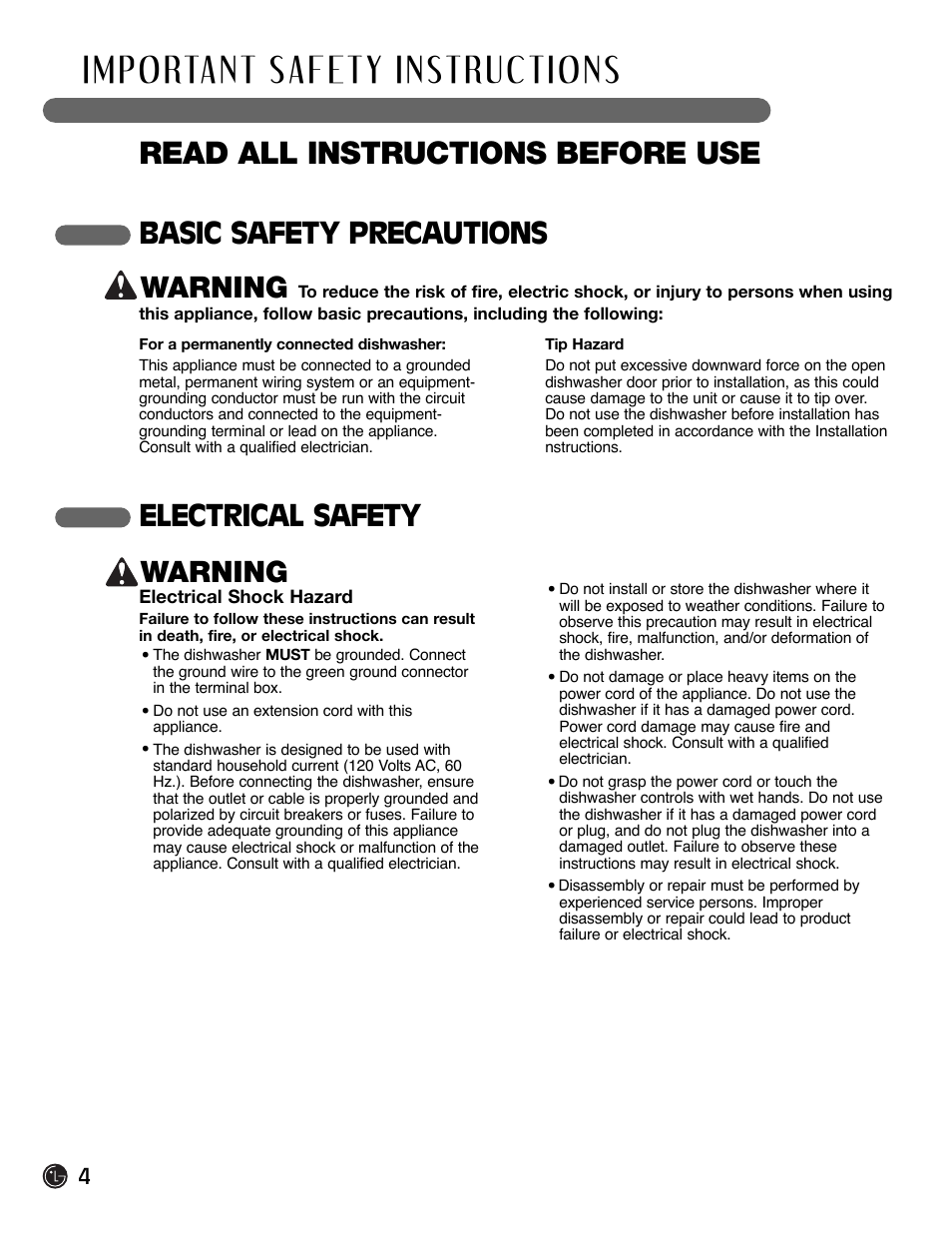 Read all instructions before use, Basic safety precautions warning, Electrical safety warning | LG LDF6920BB User Manual | Page 4 / 72