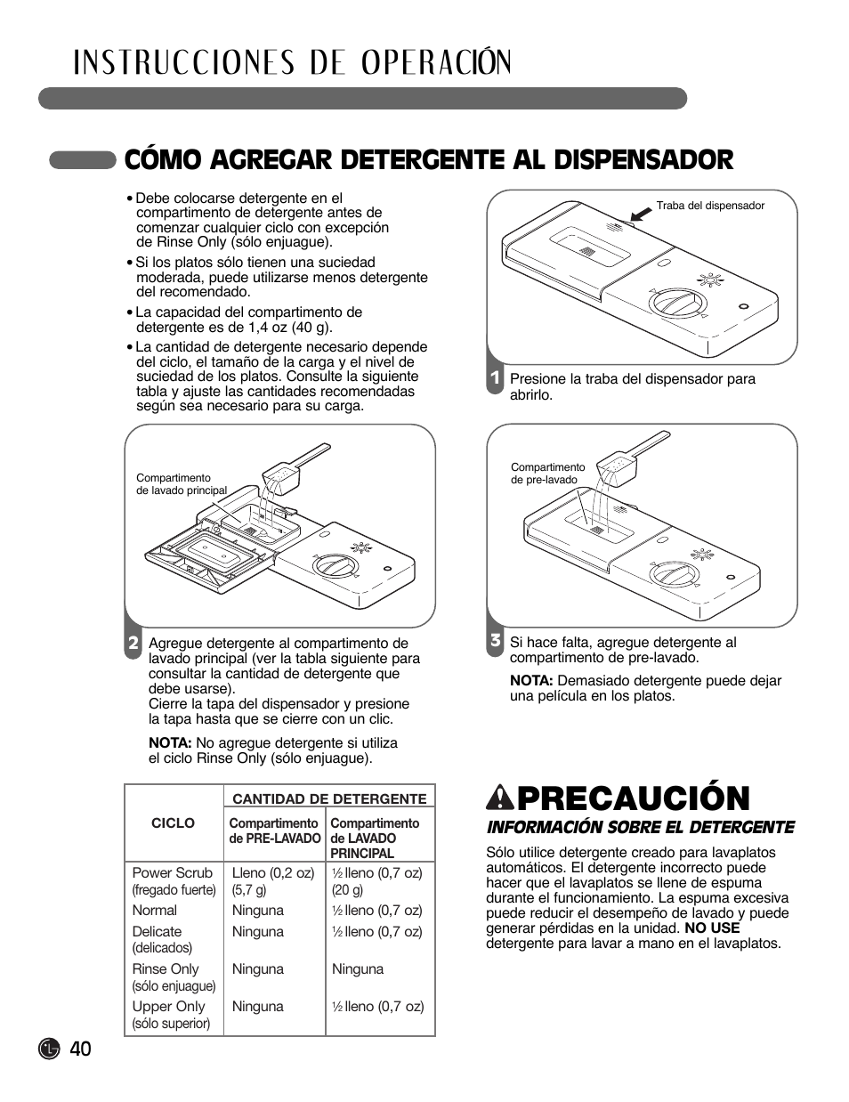 Precaución, Cómo agregar detergente al dispensador | LG LDF6920BB User Manual | Page 40 / 72