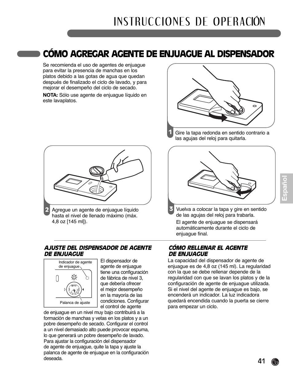 Cómo agregar agente de enjuague al dispensador | LG LDF6920BB User Manual | Page 41 / 72