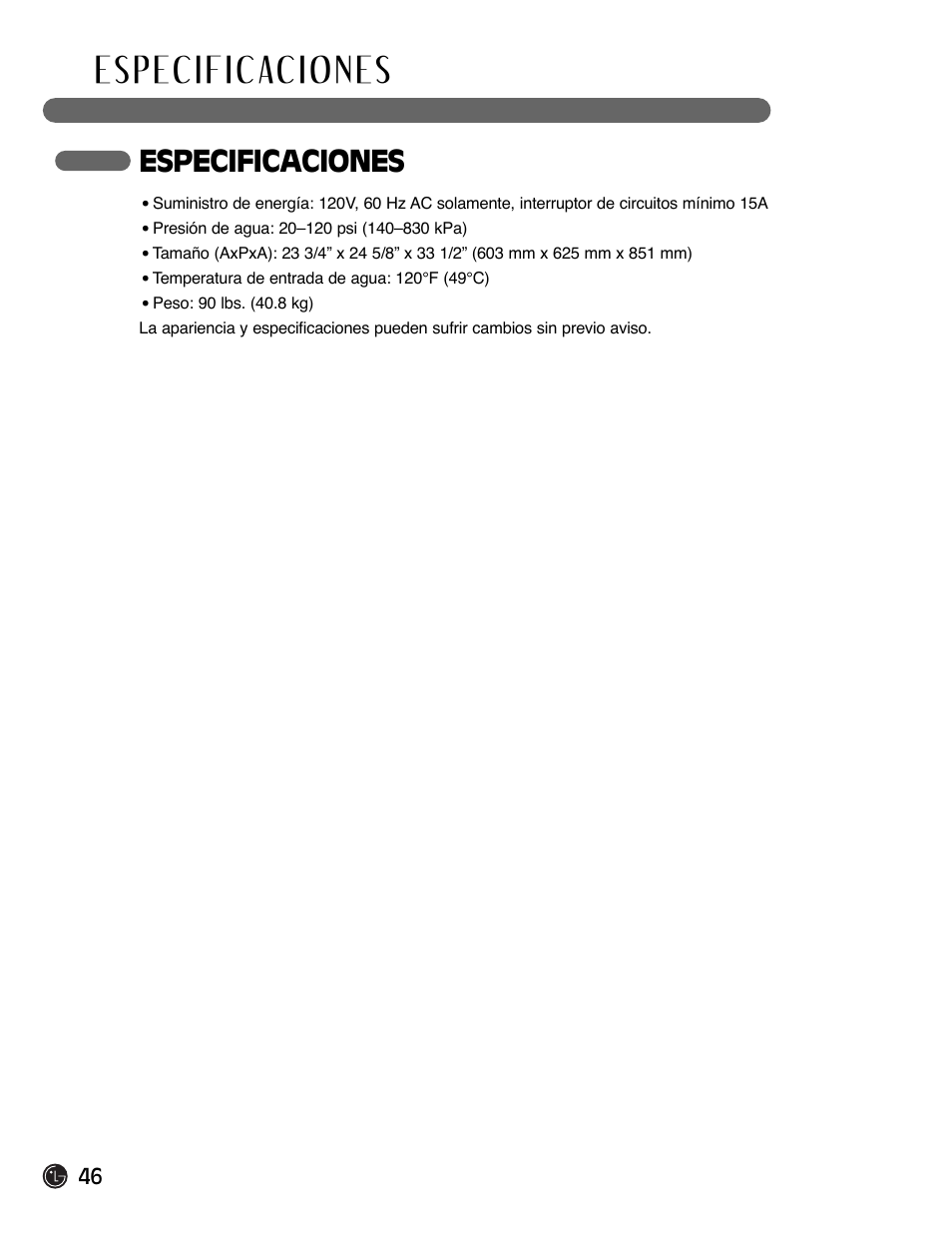 Especificaciones | LG LDF6920BB User Manual | Page 46 / 72