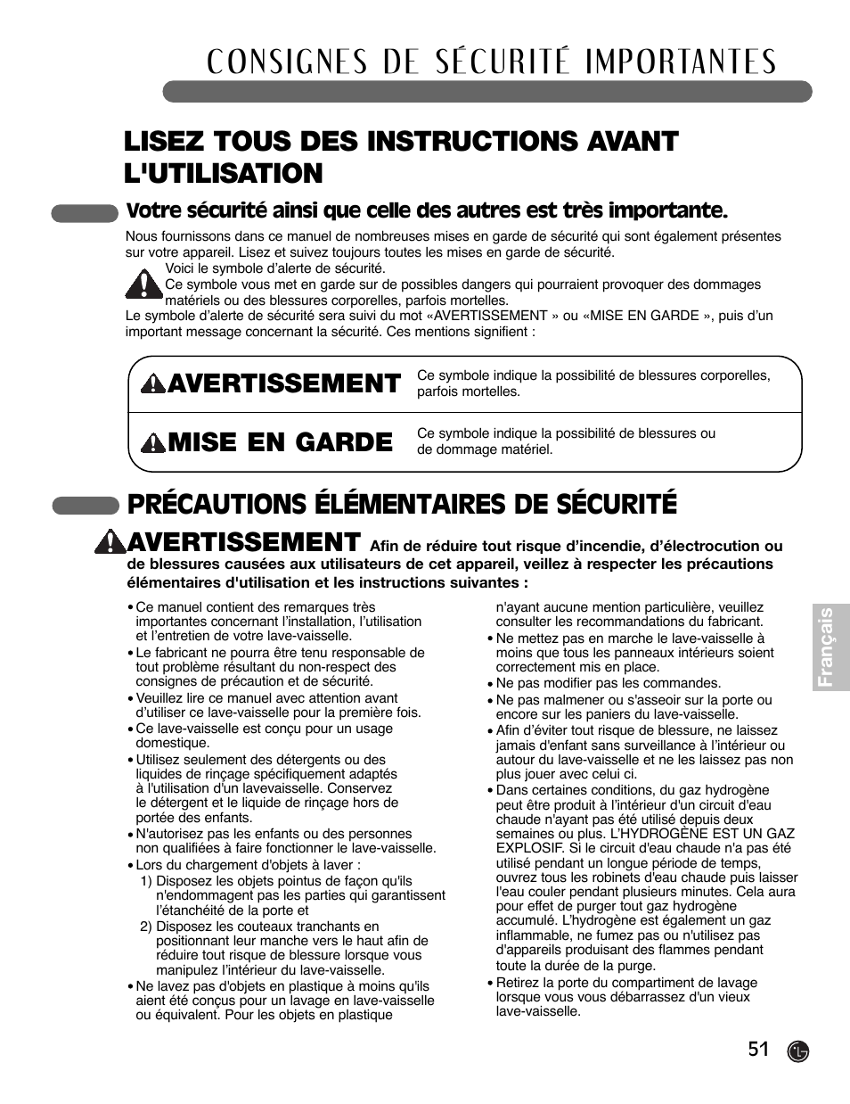 Lisez tous des instructions avant l'utilisation, Avertissement, 51 français | LG LDF6920BB User Manual | Page 51 / 72