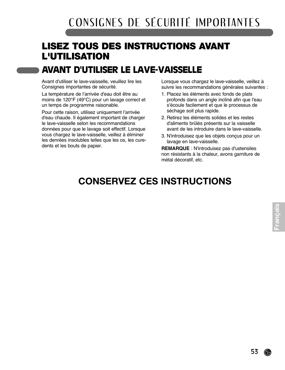 Lisez tous des instructions avant l'utilisation, Conservez ces instructions, Avant d'utiliser le lave-vaisselle | LG LDF6920BB User Manual | Page 53 / 72