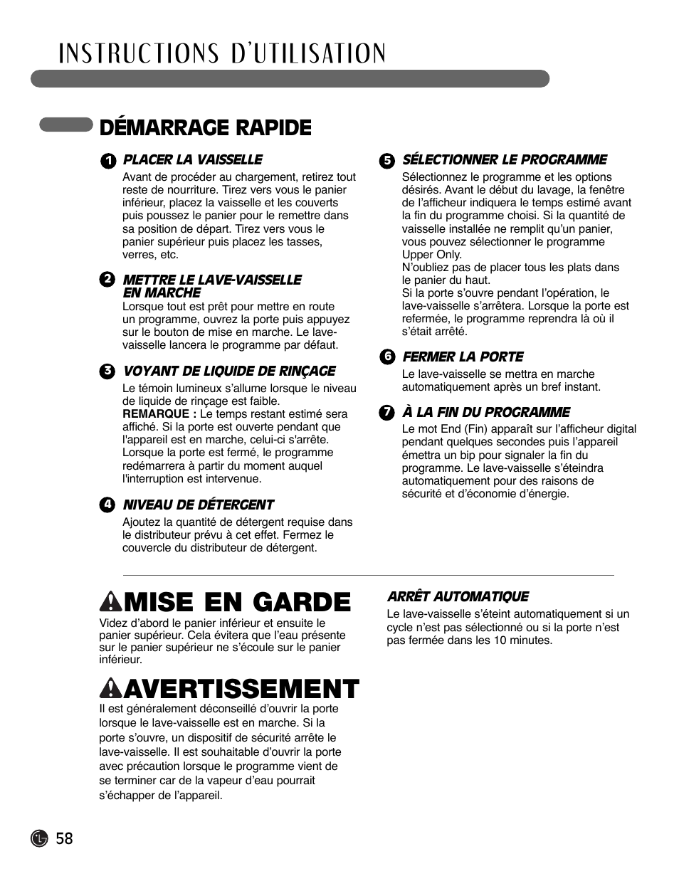 Mise en garde, Avertissement, Démarrage rapide | LG LDF6920BB User Manual | Page 58 / 72