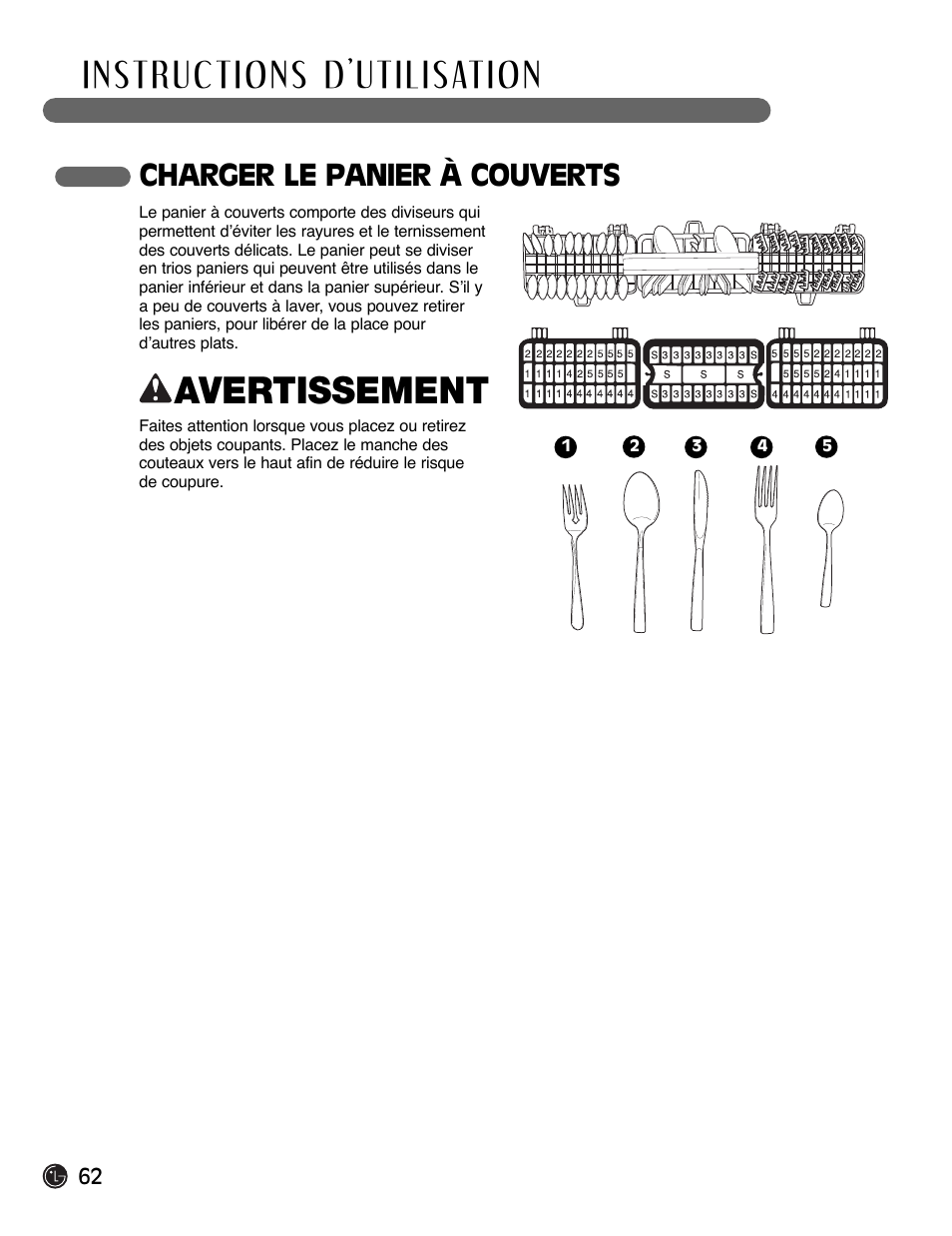 Avertissement, Charger le panier à couverts | LG LDF6920BB User Manual | Page 62 / 72