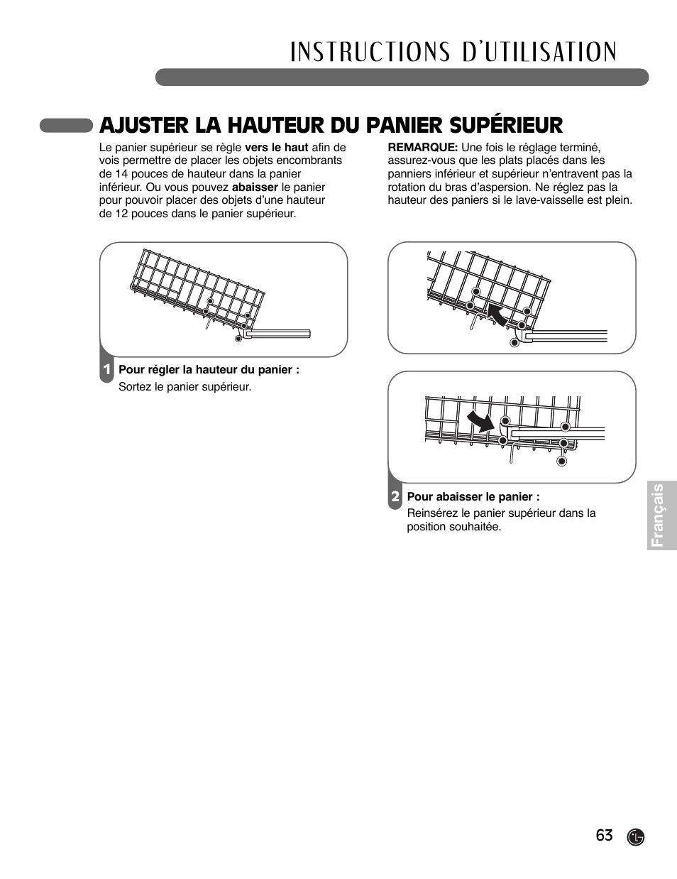 Ajuster la hauteur du panier supérieur | LG LDF6920BB User Manual | Page 63 / 72