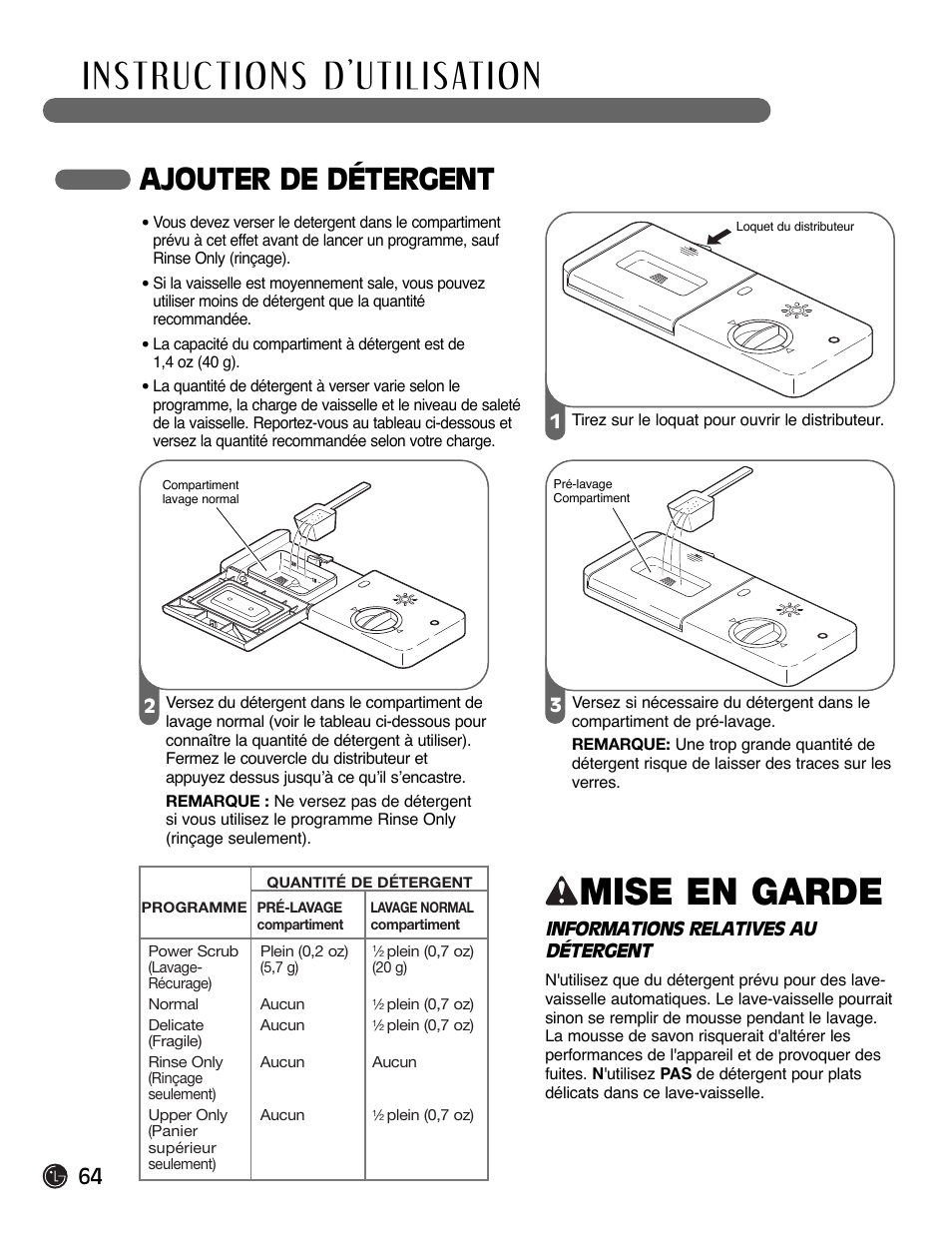 Mise en garde, Ajouter de détergent | LG LDF6920BB User Manual | Page 64 / 72