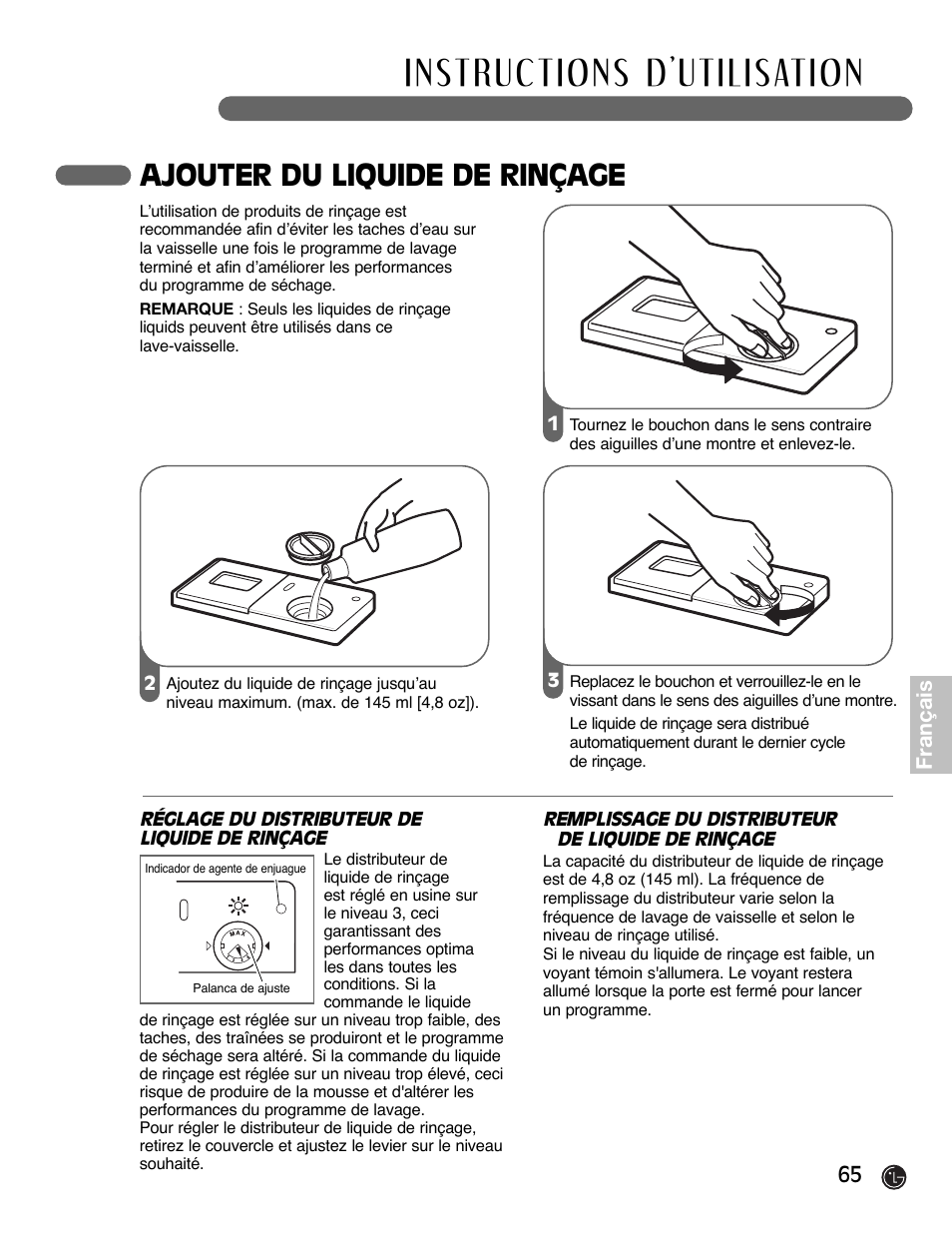 Ajouter du liquide de rinçage | LG LDF6920BB User Manual | Page 65 / 72
