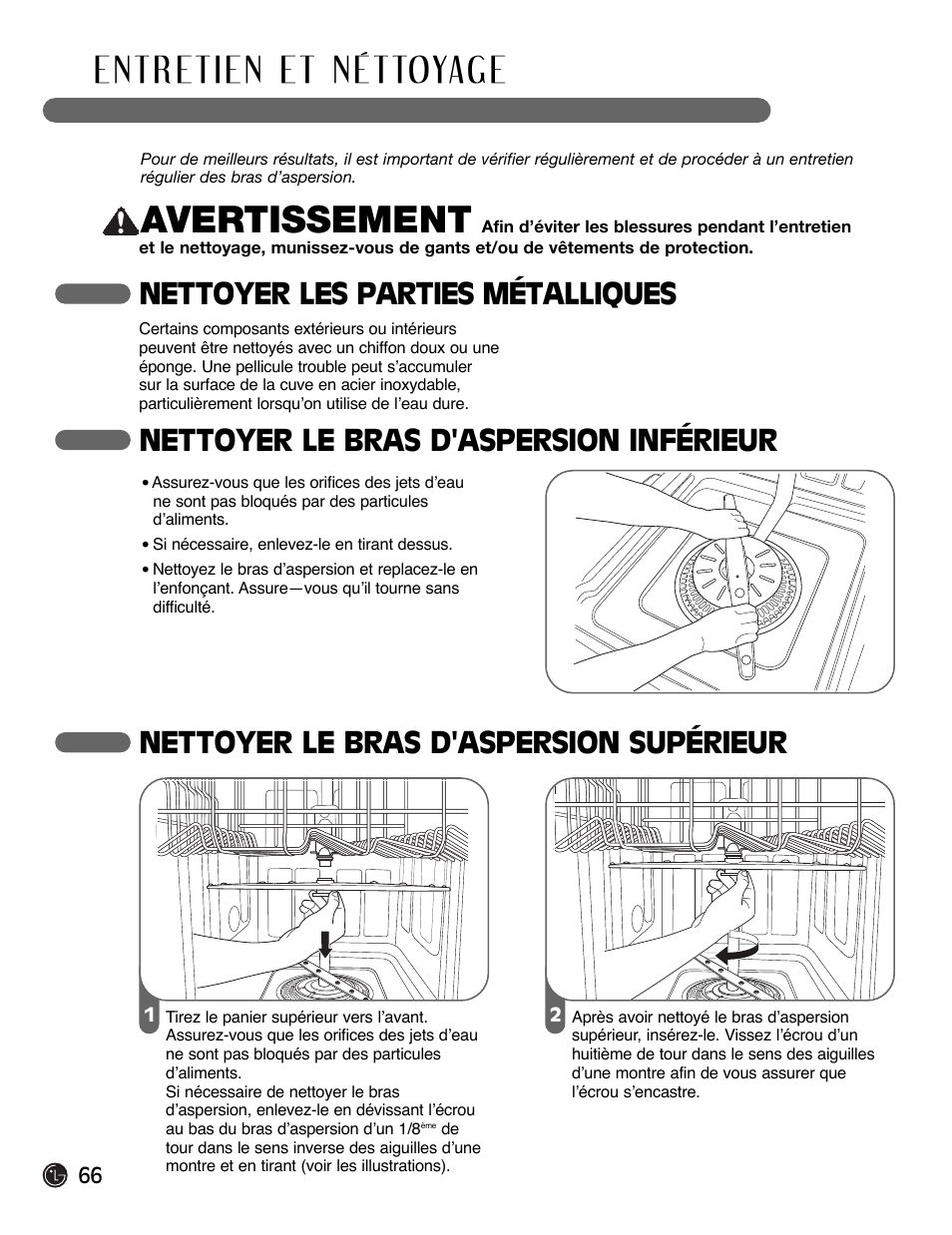 Avertissement, Nettoyer les parties métalliques, Nettoyer le bras d'aspersion inférieur | Nettoyer le bras d'aspersion supérieur | LG LDF6920BB User Manual | Page 66 / 72