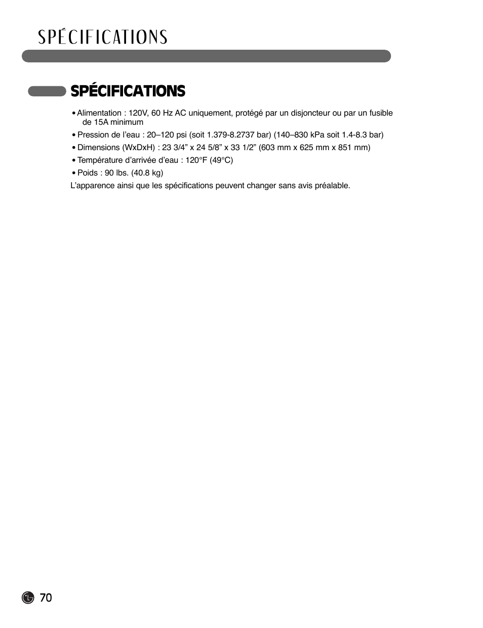 Spécifications | LG LDF6920BB User Manual | Page 70 / 72