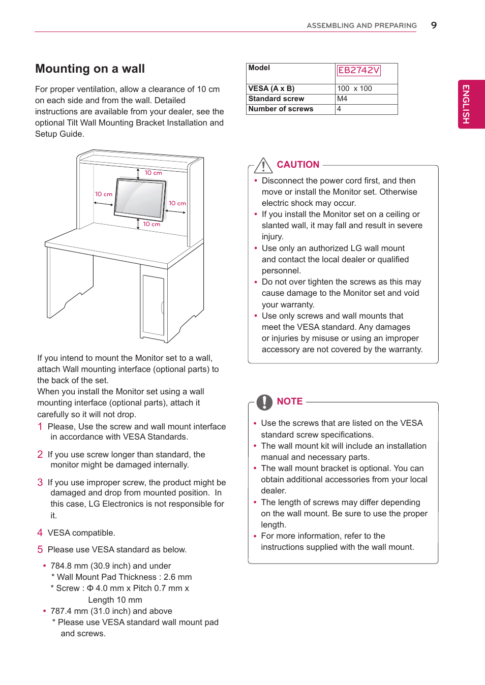Mounting on a wall | LG EB2742V-BN User Manual | Page 10 / 26