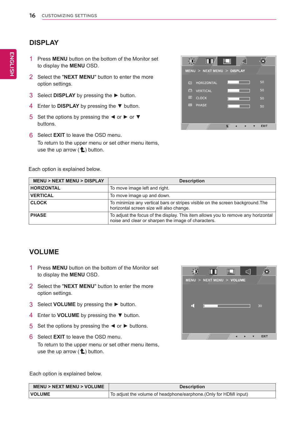 Display, Volume | LG EB2742V-BN User Manual | Page 17 / 26