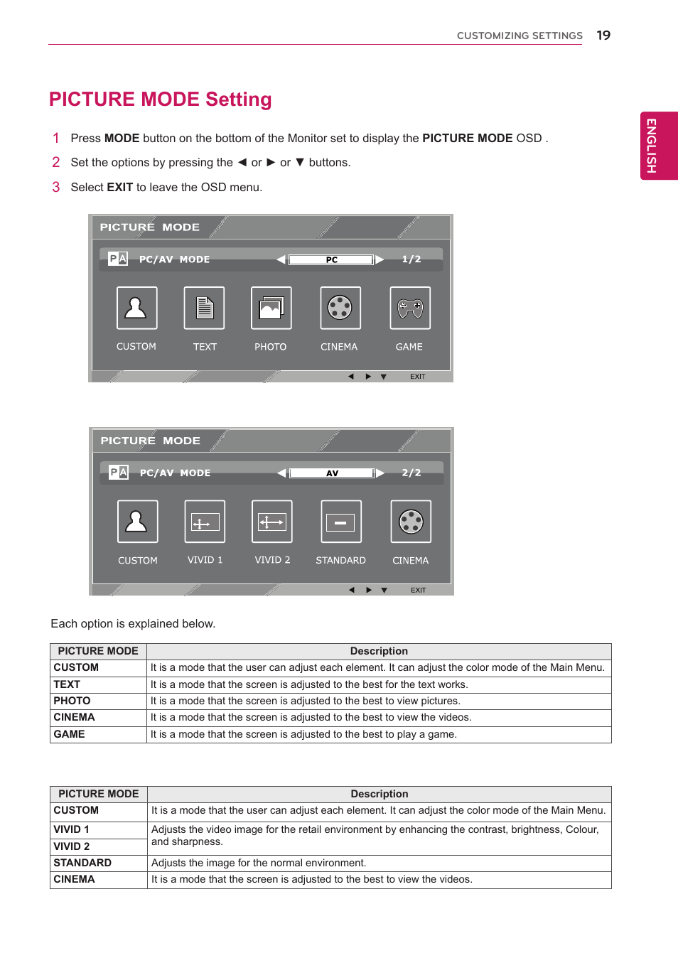 Picture mode setting, 19 picture mode setting | LG EB2742V-BN User Manual | Page 20 / 26