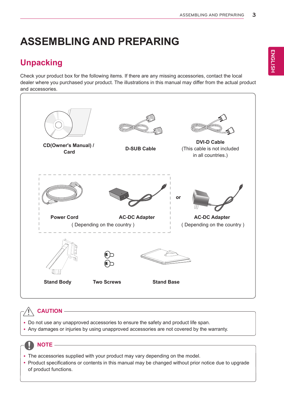 Assembling and preparing, Unpacking, Assembling and prepar | LG EB2742V-BN User Manual | Page 4 / 26